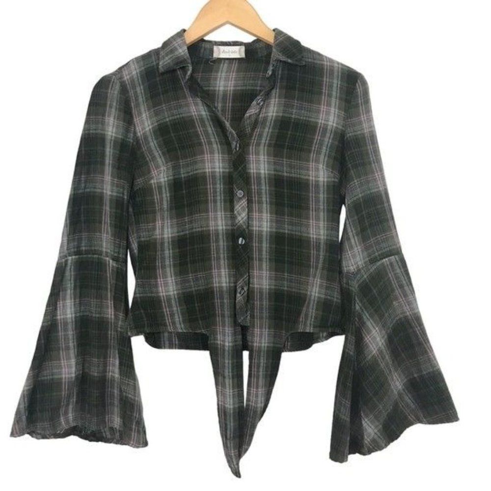 ALTAR’D STATE Plaid Blouse Bell Sleeve Tie Front Button Down Shirt Size Small